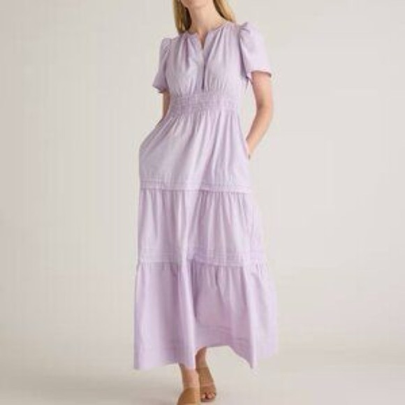 Quince 100% Organic Cotton Poplin Tiered Lilac Dress XS stretch - Picture 1 of 16